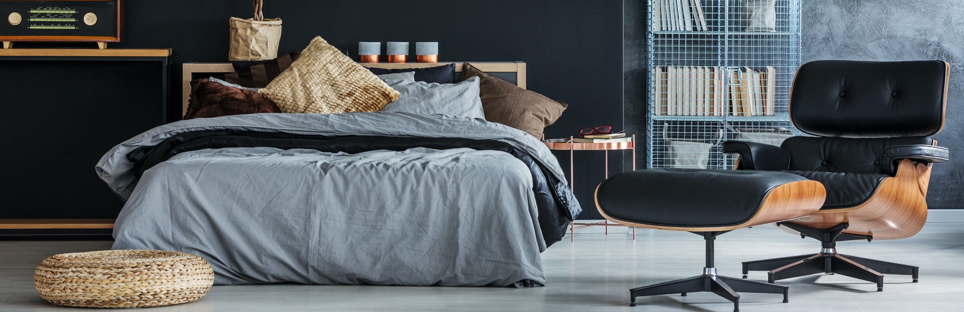 A modern, grey bedroom as would be found in a modern HMO.