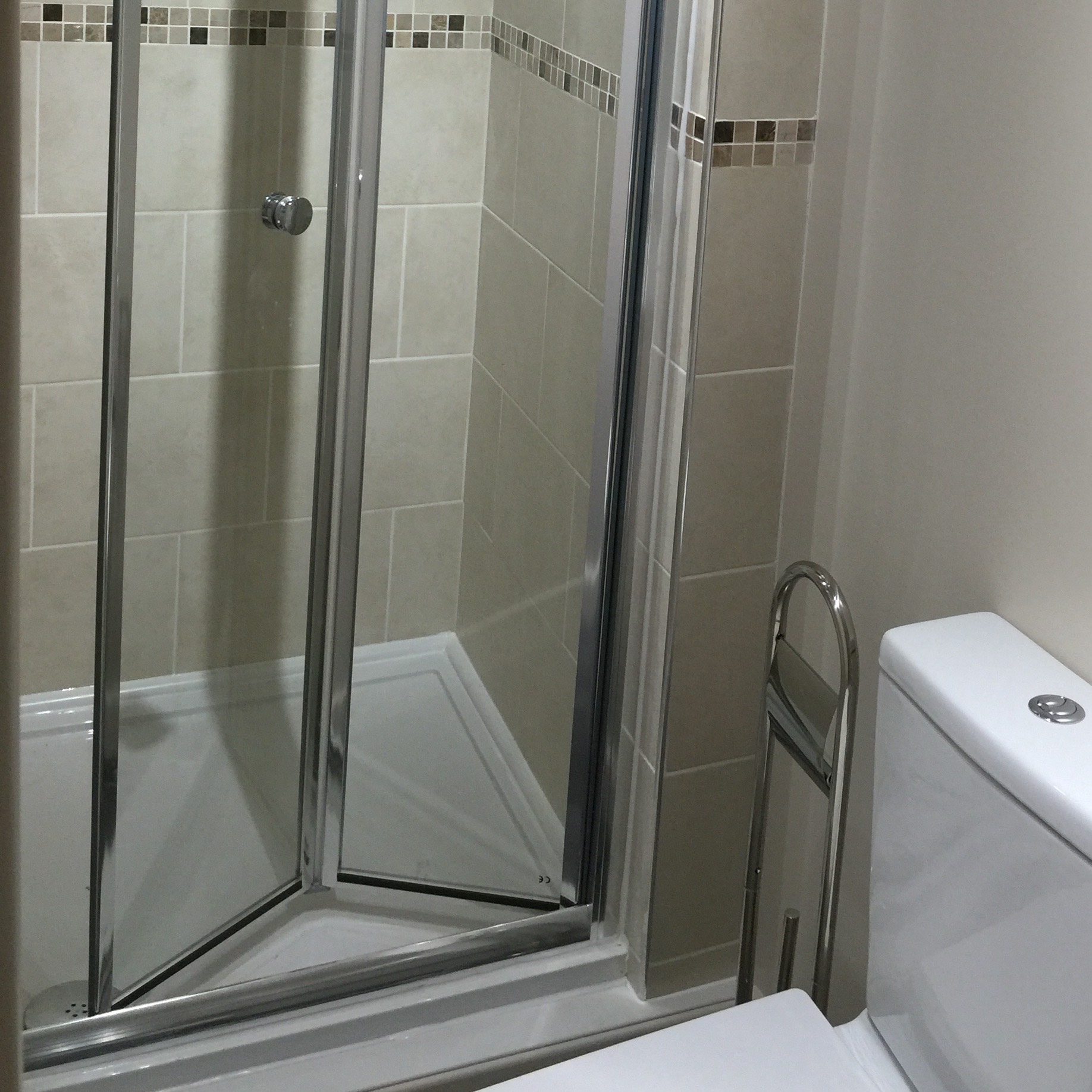A shower and a toilet in an en suite bathroom.