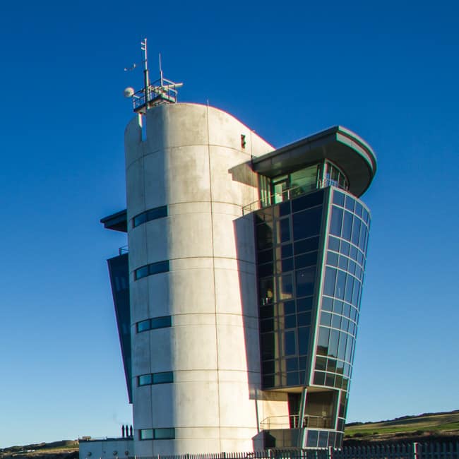 A shipping control building on the pier in Aberdeen harbour