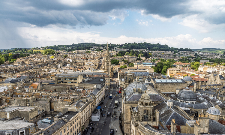 Aerial view across Bath and the surrounding hills
