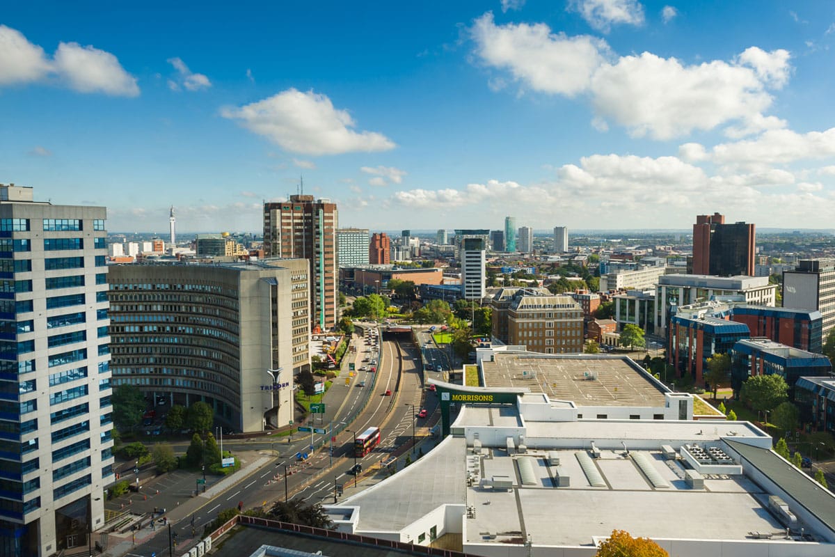 An elevated view of Birmingham city centre.