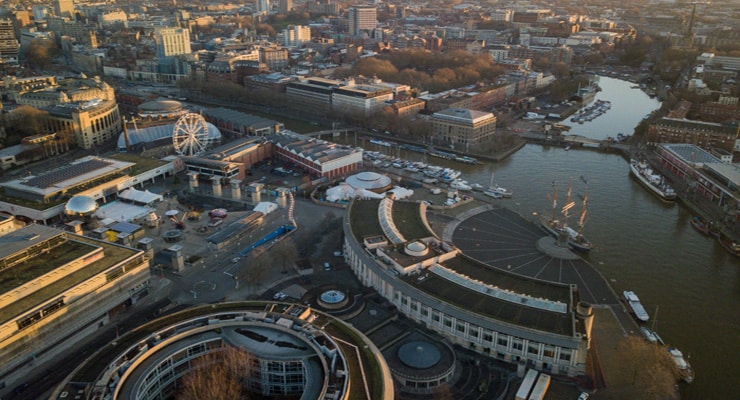 An aerial photograph of the city of Bristol and the buildings around the harbour