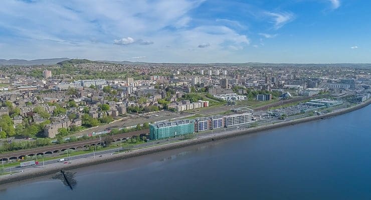 An aerial view of the Dundee waterfront