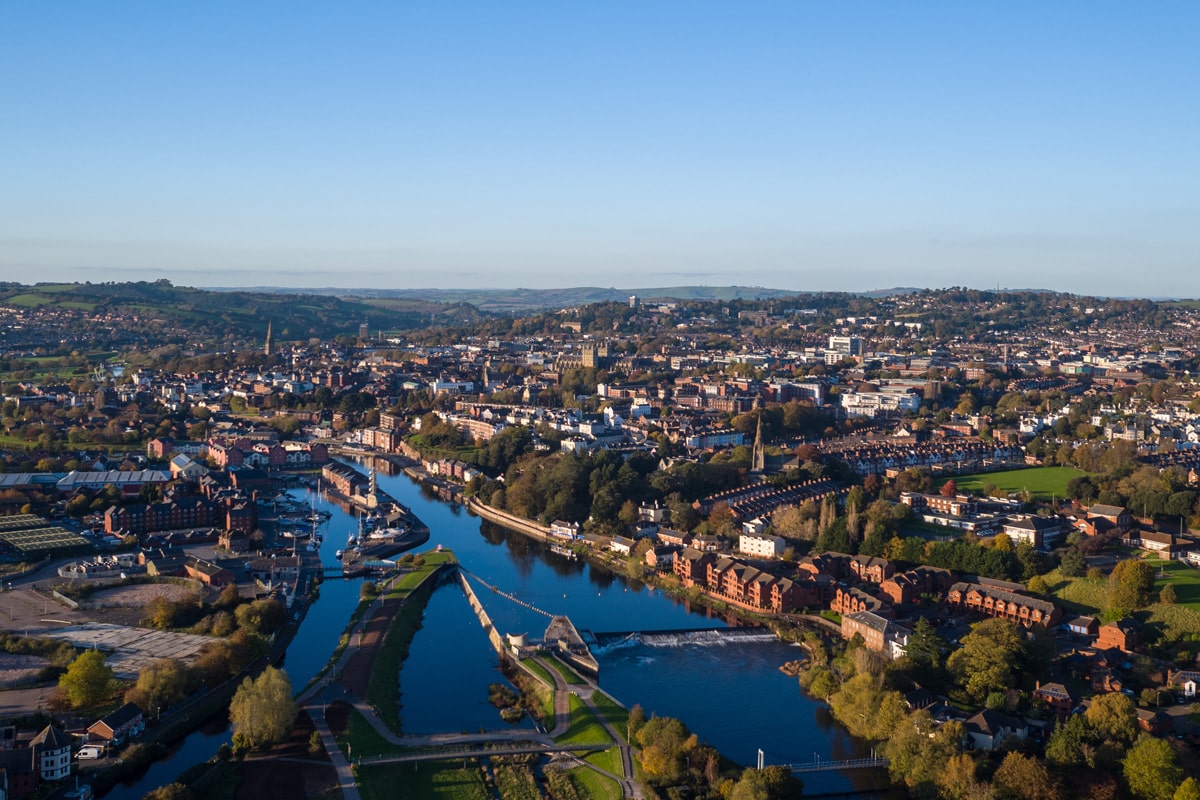 Aerial view of the city of Exeter