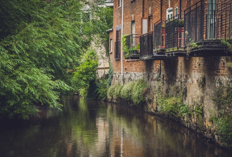 Riverside houses with balconies near Exeter Quay, Devon