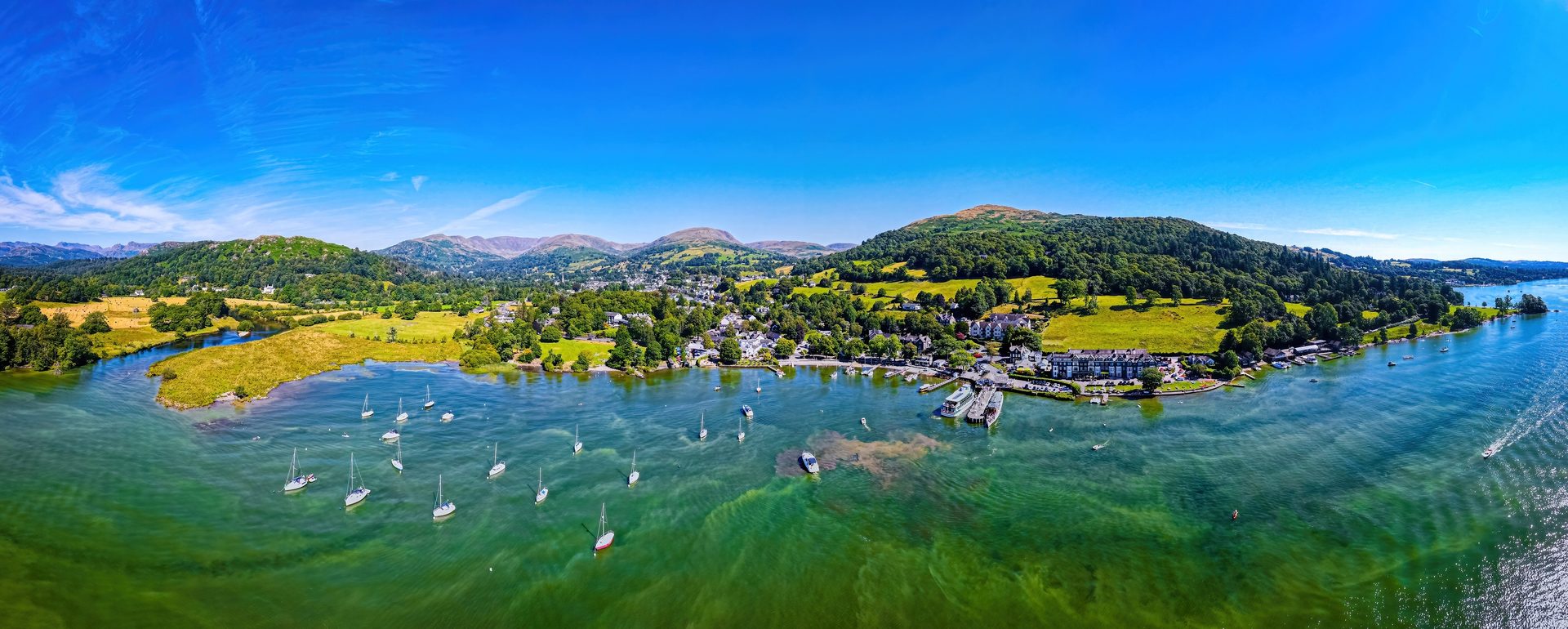 Aerial view of Waterhead and Ambleside on the shore of Windermere in the Lake District