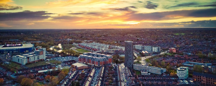 Aerial view of Leicester at sunset