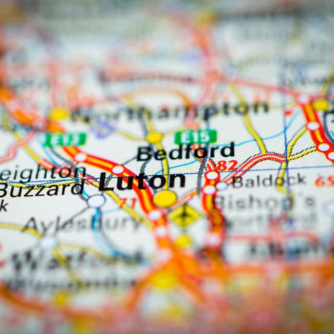 Map showing Luton and the surrounding Bedfordshire area