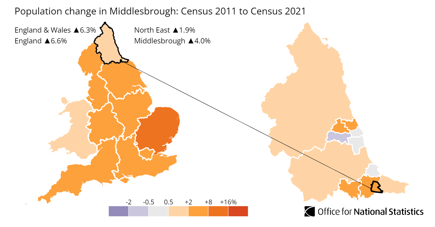Map showing population growth across Middlesbrough between the 2011 and 2021 censuses