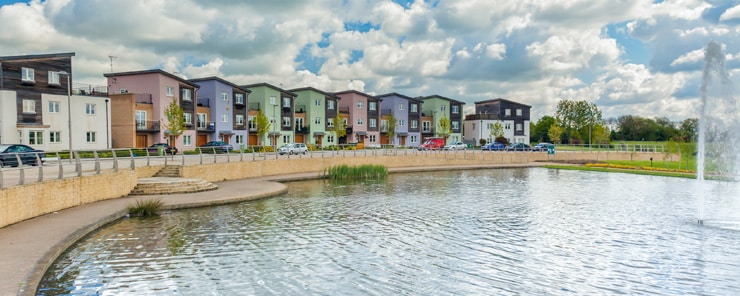 Colourful waterside housing in Milton Keynes