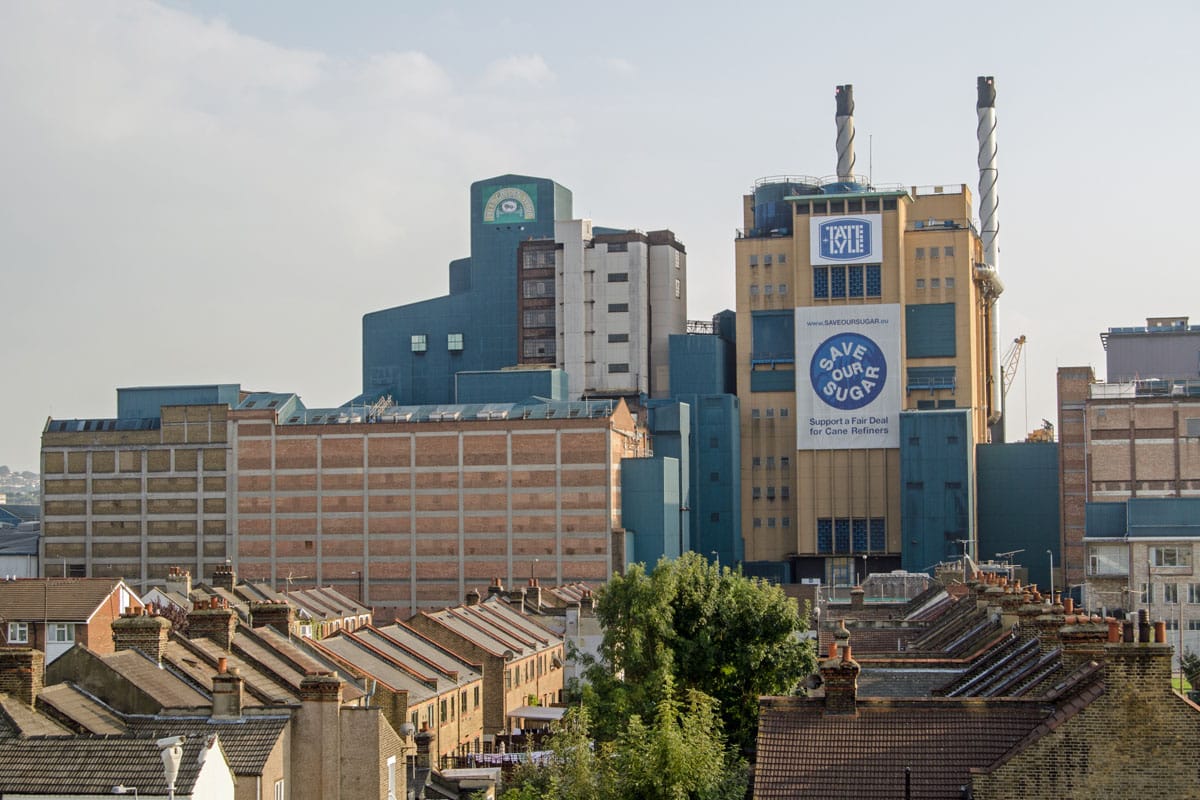 A view over houses in Silvertown towards the Tate and Lyle refinery in Newham
