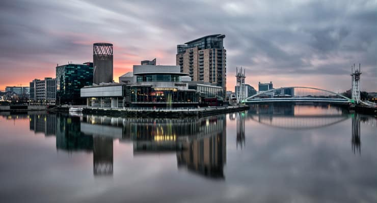 Long exposure photograph of Salford Quays at sunset