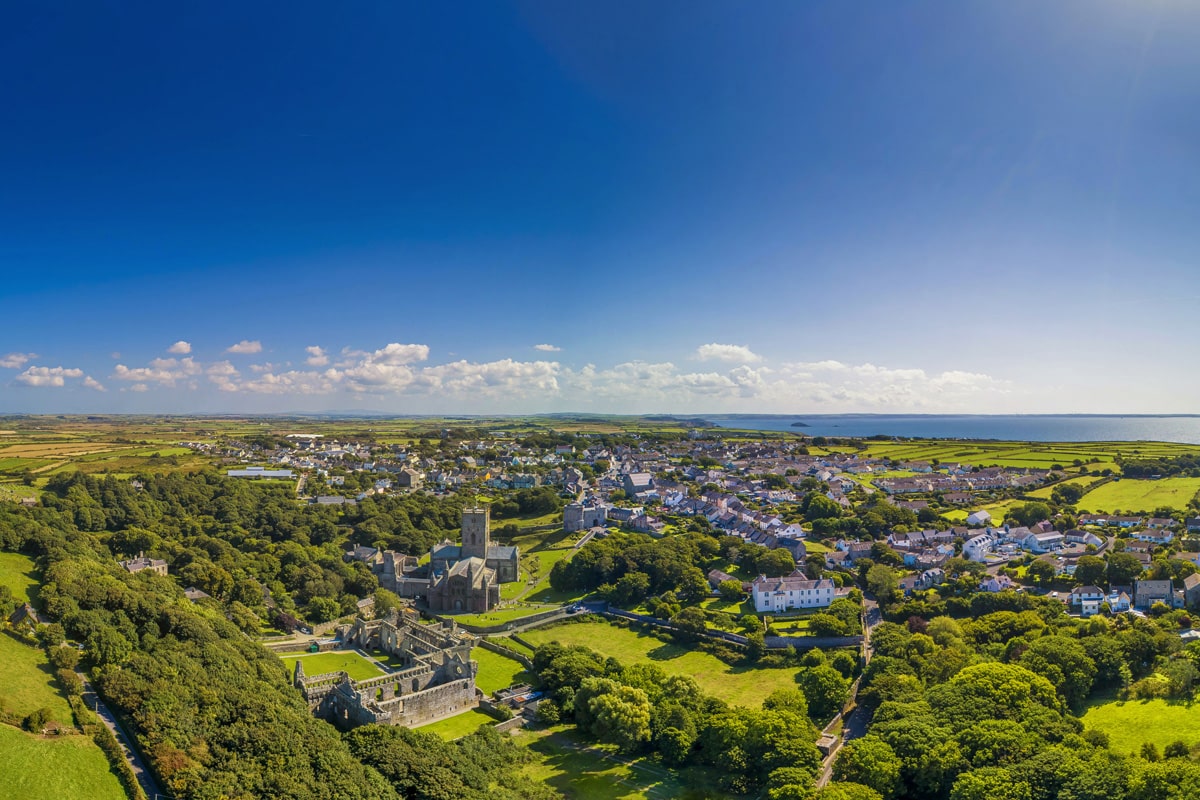 Aerial view of St Davids on the Pembrokeshire coast in summer Aerial view of St Davids on the Pembrokeshire coast in summer
