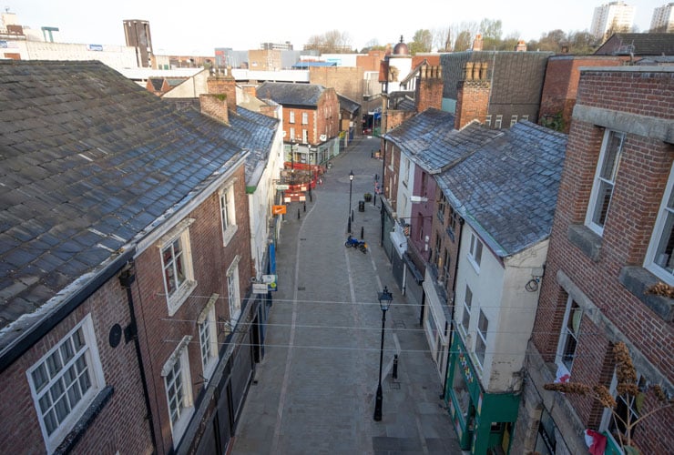 View of Little Underbank and St Petersgate Bridge in Stockport