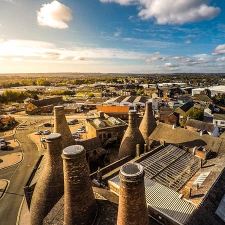 Aerial view of the bottle kilns at Gladstone Pottery Museum in Longford, Stoke on Trent