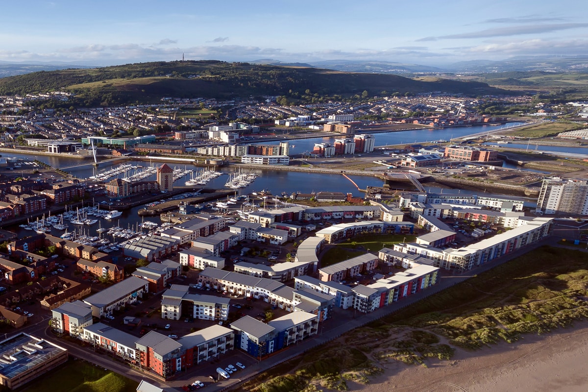 Aerial view of Prince of Wales Dock in Swansea's SA1 Maritime Quarter Aerial view of Prince of Wales Dock in Swansea's SA1 Maritime Quarter
