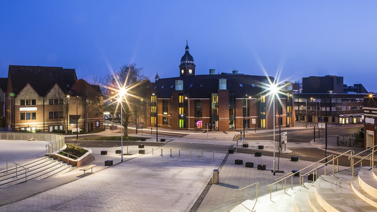 The new central library in Swindon. Photograph taken at dusk.