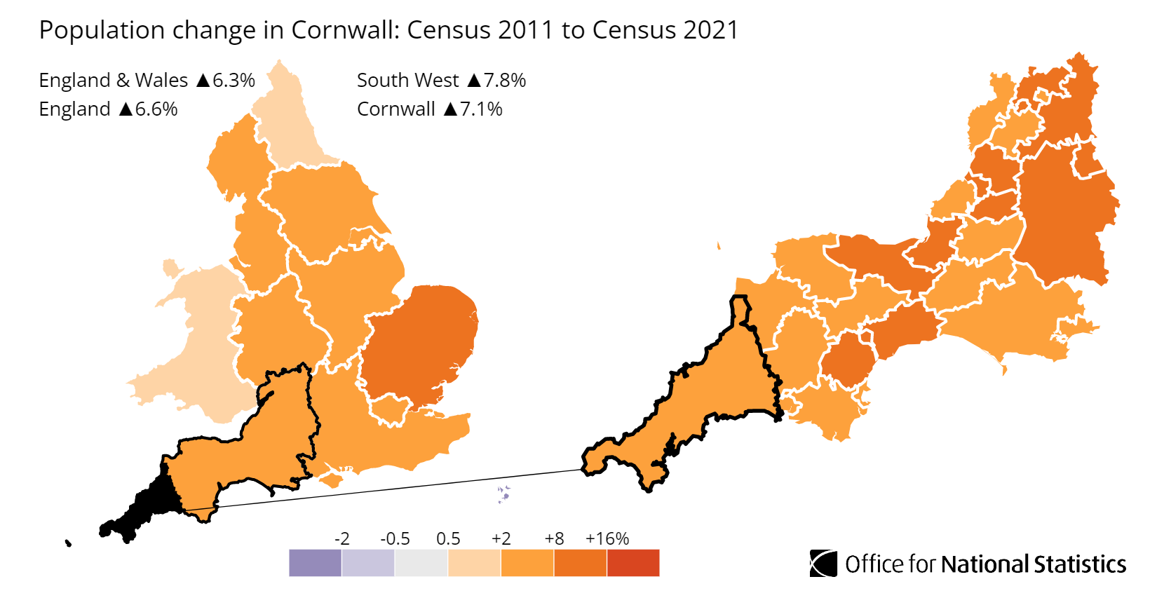 Map showing population growth across Cornwall between the 2011 and 2021 censuses