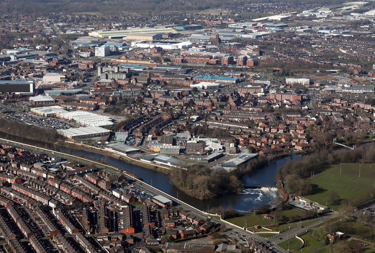 An aerial view of Warrington town centre
