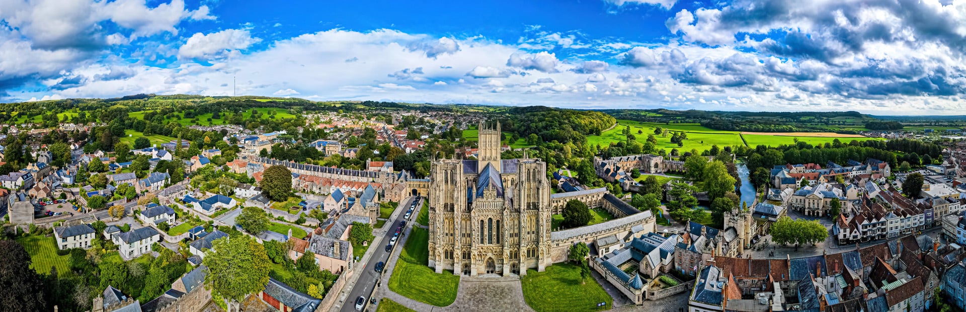 Aerial view over Wells, Somerset, with the cathedral at its centre