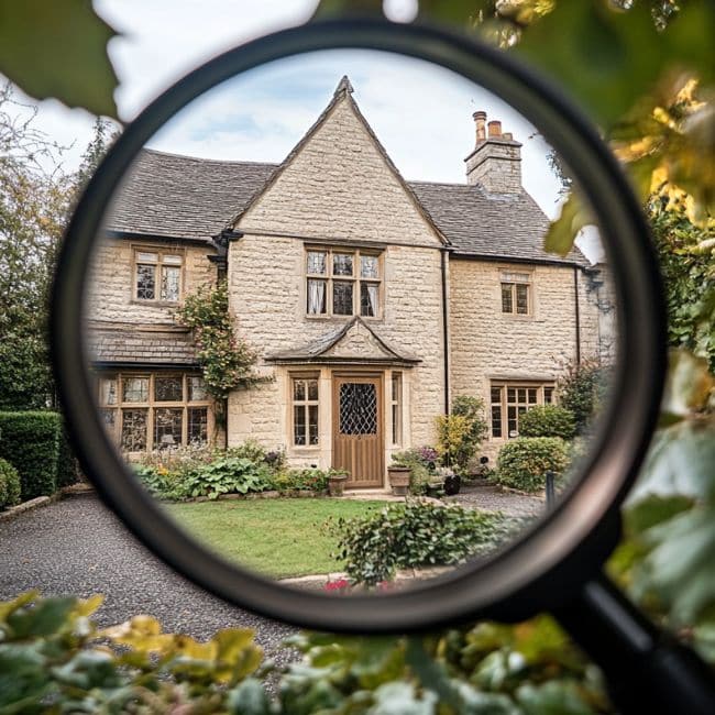 property research on a house and market English stone cottage with gabled roof viewed through magnifying glass, surrounded by greenery