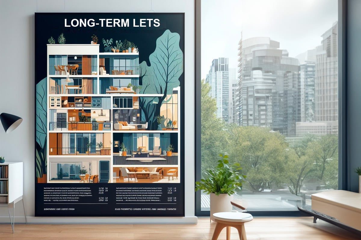 Long-Term Lets, Banner A poster in a modern flat advertises long-term lets.