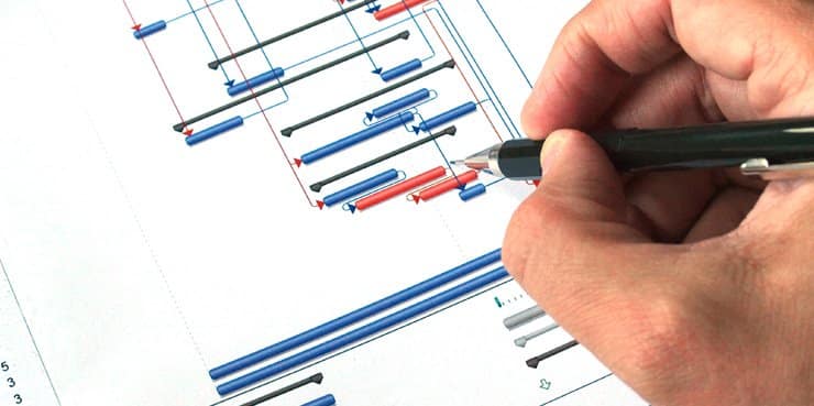 A hand holding a pen, working on gantt progress chart for project management of a renovation project.