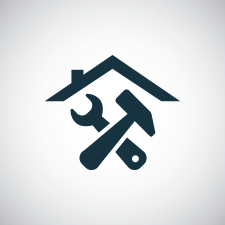 Icon, design element for house, property renovation. Image shows a roof of a house, sitting over a crossed hammer and spanner.