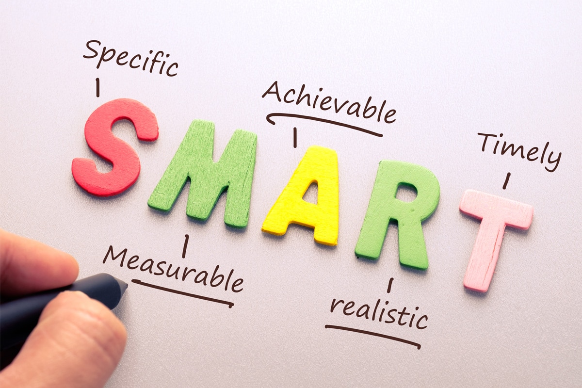 Wood letters spelling SMART with a hand writing out a definition for the SMART goal setting concept.