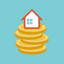 An icon showing a stack of coins with a simple image of a house sat on top.