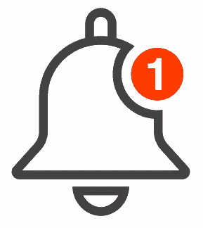 An icon, design element showing a bell with the number 1 overlaid in one corner. Image represents an alert or computer notification.