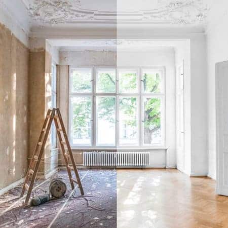 Image showing a before and after photo of a flat being renovated.