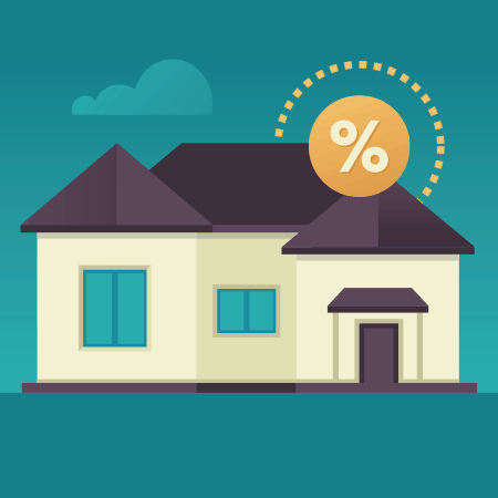 Icon, design element showing a house with a percentage symbol above it representing finance and mortgages.