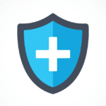 Blue shield with a cross. Icon represents health and safety.