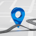 A 3d illustration of a GPS icon, alongside a road.