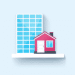 An icon with a house sitting next to a skyscraper. The image represents a choice in property type.