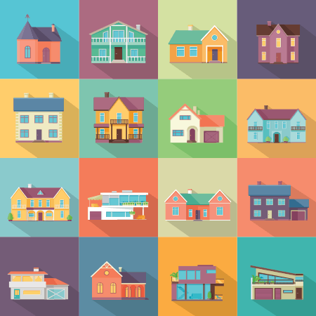 Graphic illustrating sixteen different house styles.