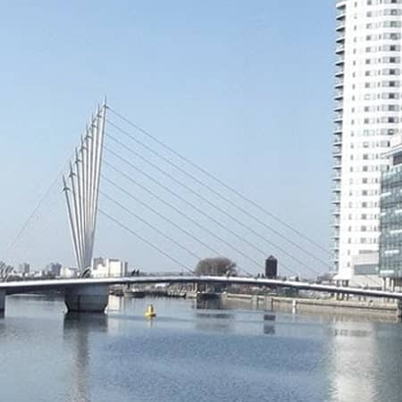 A bridge at Salford Quays in Salford, Greater Manchester.