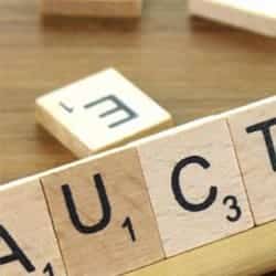 The word 'auction' written with Scrabble pieces.