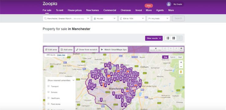 using the map search function on zoopla to find investment property