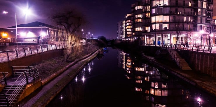 Nightscene of the the Grand Union Canal in Hayes, London