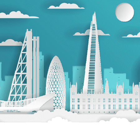 Famous buildings in London in a cut-paper illustrative style.