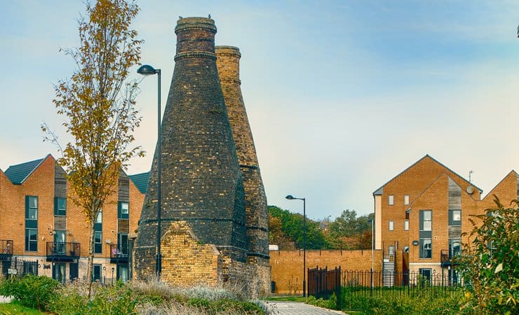 Bottle Kilns on a Housing Estate, Stoke-on-Trent A photo of two industrial bottle kilns in a modern housing estate in Stoke-on-Trent