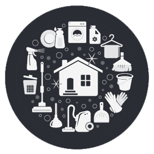 AN icon, design element showing cleaning tools circling a house