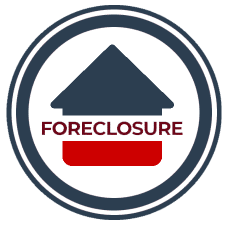 Foreclosure, Icon Design element, icon. A circle with a house in the middle of it, the word, foreclosure is written through the centre of the house