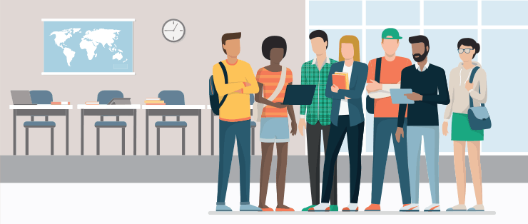 Vector graphic, a group of students standing in the classroom of a university