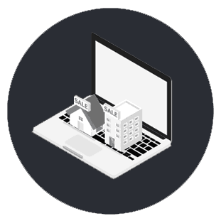 An icon, design element showing a laptop with houses on the keyboard. Property listings.