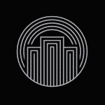 Icon, design element for PBSA. Graphic shows a line drawing of a tower block in a circle on a black background.