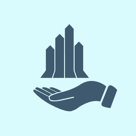 Icon, design element showing a hand underneath four tower blocks. Image suggests the buildings are 'in safe hands'.