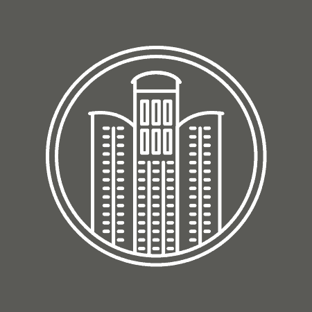 Icon, design element showing a tower block in a circle. Image represents PBSA or purpose-built-student-accommodation.